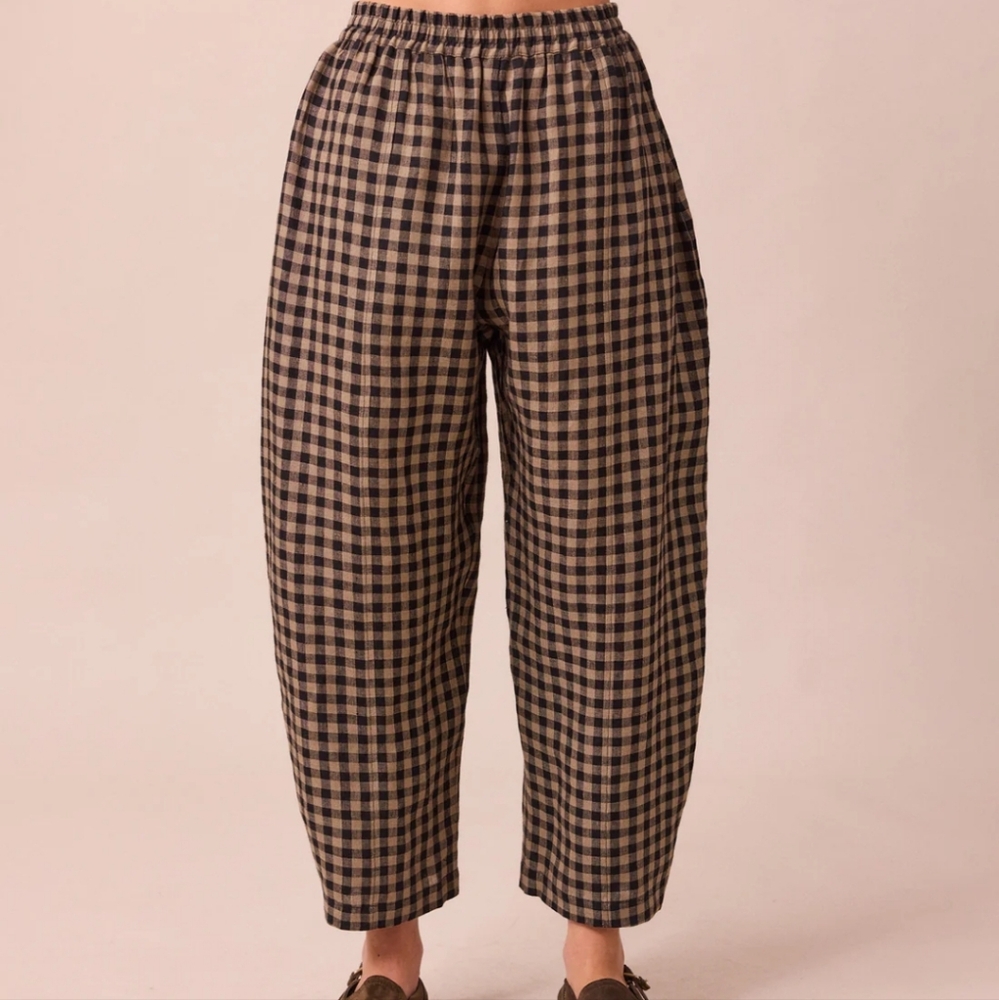 Beyond Nine Mabel 100% Linen Coffee Gingham Trousers XS UK 10